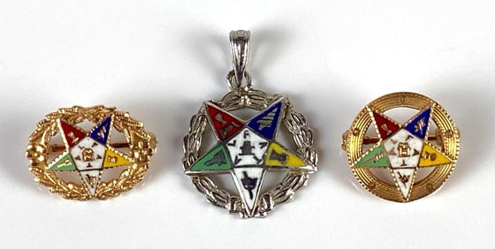 Group of 3 14K Gold Masonic Order of the Eastern Star Pins and Pendant
