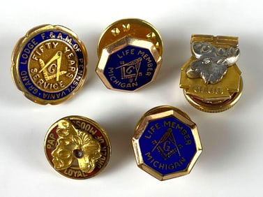 Group of 5 Gold-Filled or Sterling Silver Fraternal Pins