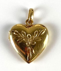 14K Gold Floral Etched Heart Locket Pendant