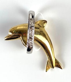 14K Gold and White Gold Dolphin Necklace Pendant with Diamond Accent Stones
