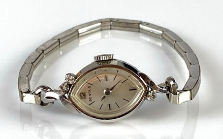 14K White Gold Benrus Womans Wristwatch with Diamond Accent Stones