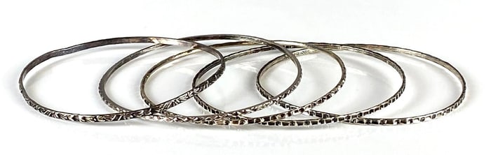 Group of 5 Sterling Silver Etched Bangle Bracelets