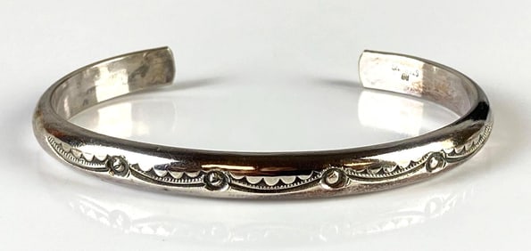 Signed Sterling Silver Etched Cuff Bracelet