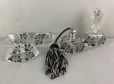 Group of 4 Art Deco Black Floral Dresser Set