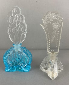 Group of 2 Czech Glass Perfume Bottle with Floral Stoppers