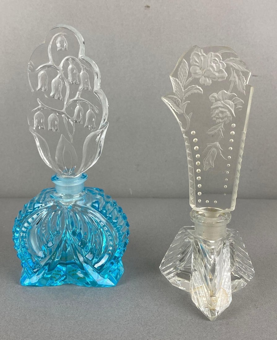 Group of 2 Czech Glass Perfume Bottle with Floral Stoppers (1 of 3)