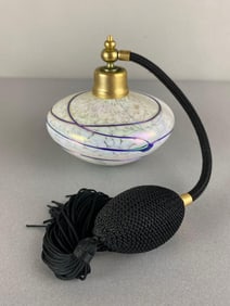 Art Glass Perfume with Iridescent Finish and Applied Blue Swirl
