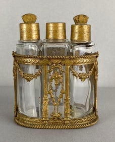 Group of 3 Perfume Bottles with Stoppers in a Filigree Basket