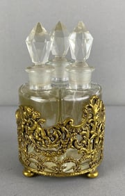 Group of 3 Glass Perfume Bottles with Dabbers in a Cherub Filigree Holder