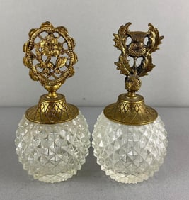 Group of 2 Crystal and Floral Ormolu Filigree Perfume Bottles with Dabbers