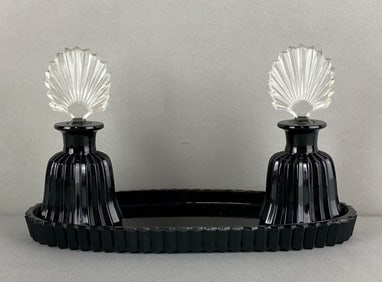 Group of 2 Black Glass Perfume Bottles with Stoppers and More