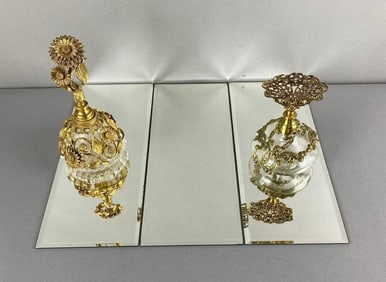 Group of 2 Ormolu Filigree Perfume Bottles with Dabbers and More