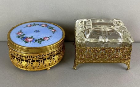 Group of 2 Glass and Filigree Dresser Jars