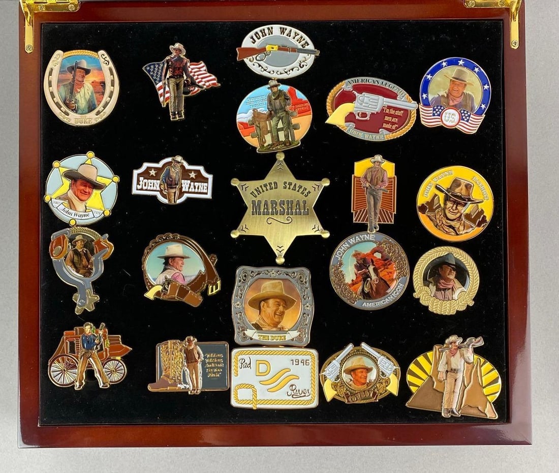 Group of 21 John Wayne Enamel Pin Collection and Display Case (1 of 3)
