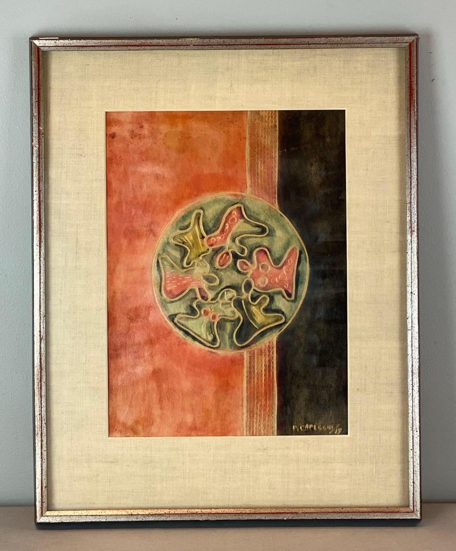 2019 Piero Capecchi Contemporary Painted Leather Art: artist signature on bottom right corner, frame measures 21 x 17 inches