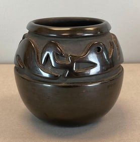 Artist Signed Native American Santa Clara Pueblo Black Intaglio Pottery Bowl