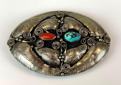 Native American Silver Turquoise and Coral Belt Buckle