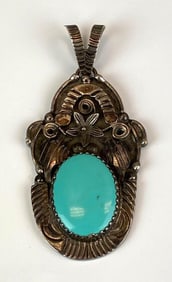 Native American Sterling Silver Turquoise Floral Pendant