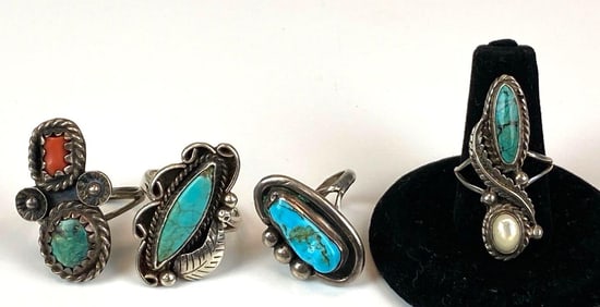 Group of 4 Native American Silver Rings