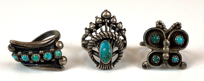 Group of 3 Native American Turquoise Silver Rings