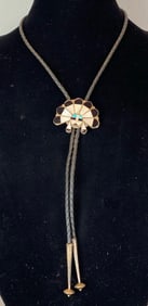 Native American Turquoise Mother Of Pearl Inlay Silver Bolo Tie