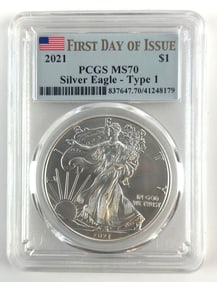 PCGS Graded 2021 US First Day Issue $1 American Silver Eagle MS70