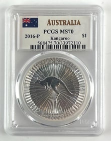 PCGS Graded 2016-P Australia $1 Silver Kangaroo Silver Dollar MS70
