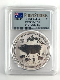 PCGS Graded 2019-P Australia $1 Year of the Pig Silver Dollar MS70