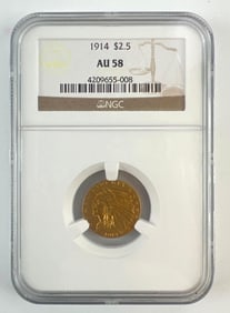 NGC Graded 1914 US $2.50 Indian Head Gold Coin AU58