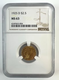 NGC Graded 1925-D US $2.50 Indian Head Gold Piece MS63