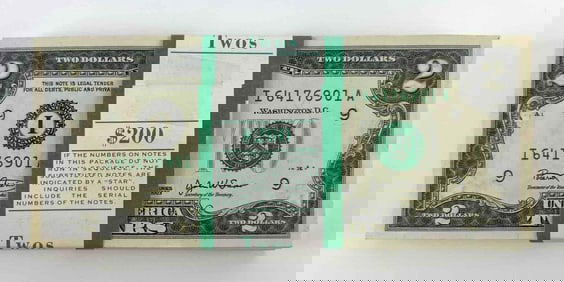 Group of 100 2003 US Mint $2 Consecutive Serial Numbered Bills