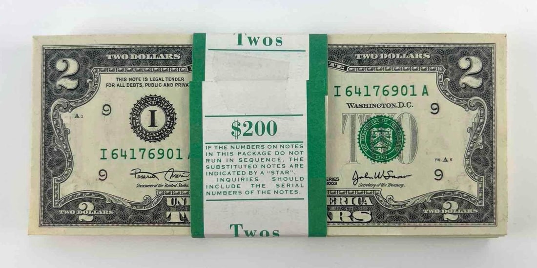 Group of 100 2003 US Mint $2 Consecutive Serial Numbered Bills (1 of 2)