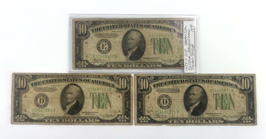 Group of 3 US 1934 $10 Notes