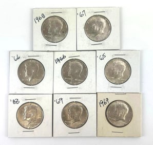 Group of 8 1966-69 US Kennedy 40% Silver Half Dollars