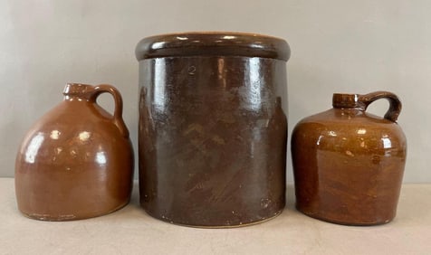 Group of Brown Glaze Stoneware Jugs and Crock