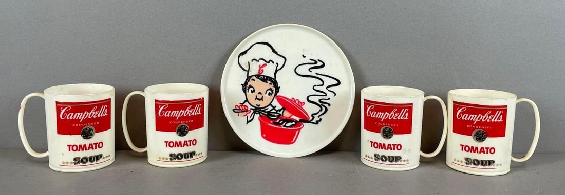Set of Vintage Campbells Tomato Soup Plastic Advertising Mugs: Plate measures 5 inches