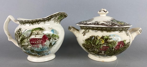 The Friendly Village by Johnson Bros Porcelain Covered Sugar Bowl and Creamer