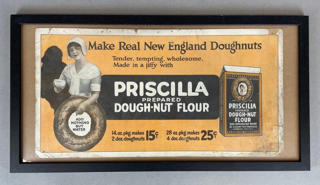 Antique Priscilla Dough-Nut Flour Cardboard Advertising Sign: Some tears and creases, measures 11 x 21 inches