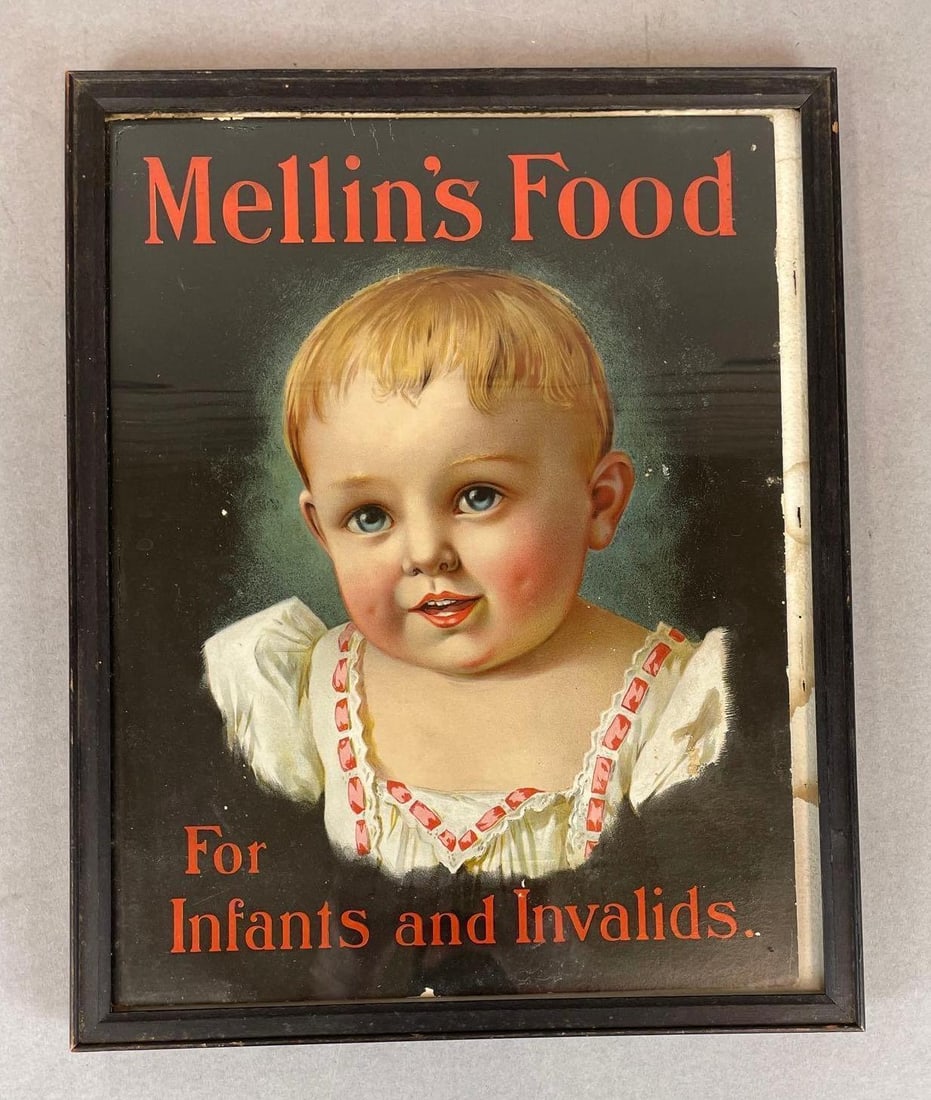 Vintage Mellins Food Cardboard Advertising Sign: Frame measures 14 3/4 x 12 inches