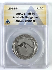 ANACS Graded 2018 P Australia $100 Kangaroo 1 oz .999 Platinum Coin MS70