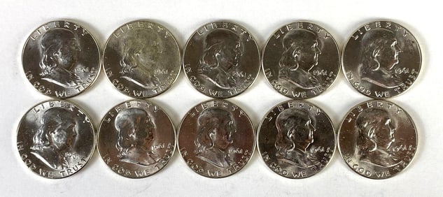 Group of (10) BU 1961-P US Benjamin Franklin Silver Half Dollars