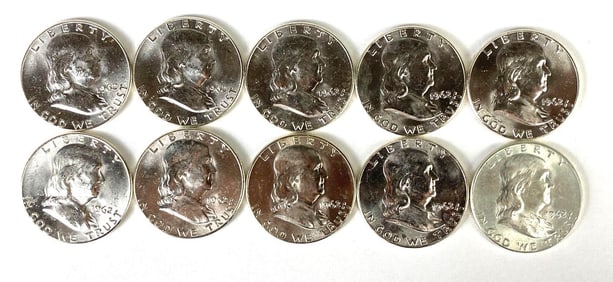 Group of (10) BU 1962 US Benjamin Franklin Silver Half Dollars