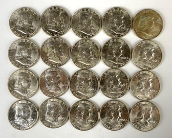 Group of (20) 1961 l-D Uncirculated US Benjamin Franklin Silver Half Dollars