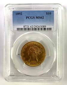 PCGS Graded 1892 US $10 Liberty Head Gold Coin MS62