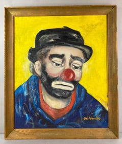 Signed Del-Vecchio Sad Clown Oil on Canvas Painting