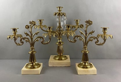 Group of 3 Ornate Metal and Granite Candelabras