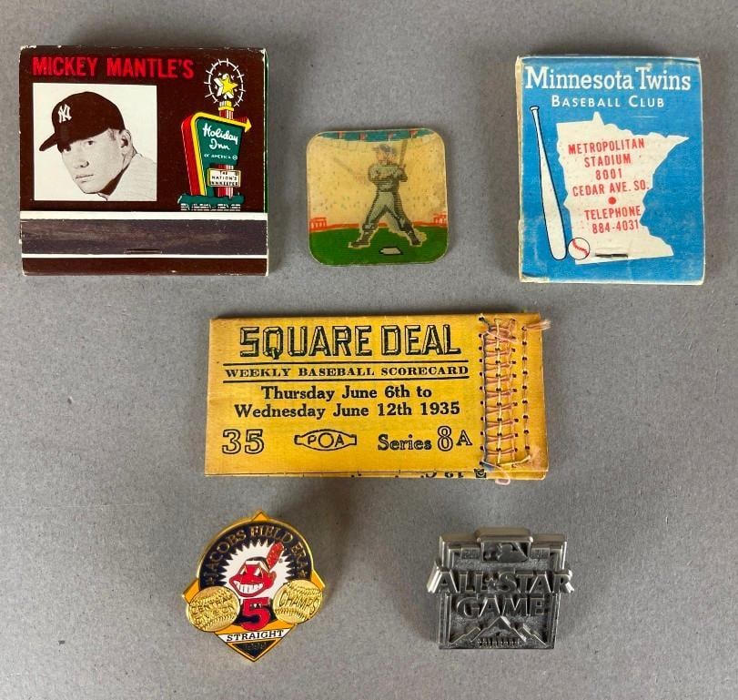 Mickey Mantle Holiday Inn and Minnesota Twins Matchbooks + Baseball Memorabilia: 1960s Mickey Mantle Holiday Inn and Minnesota Twins Matchbooks, 2 - Pinbacks, Vintage Cracker Jack Lenticular Card, 1938 Square Deal Scorecard