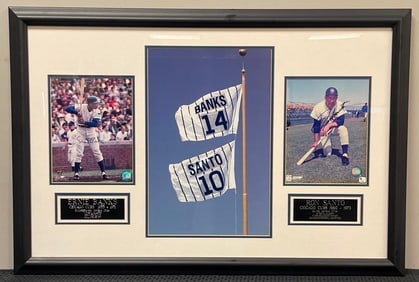 Framed and Matted Ernie Banks and Ron Santo 8 x 10s, Stats, and Flags