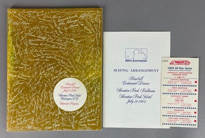 1969 Baseball Centennial Dinner Program + Seating Arrangement and All-Star Game Pre Game Ticket