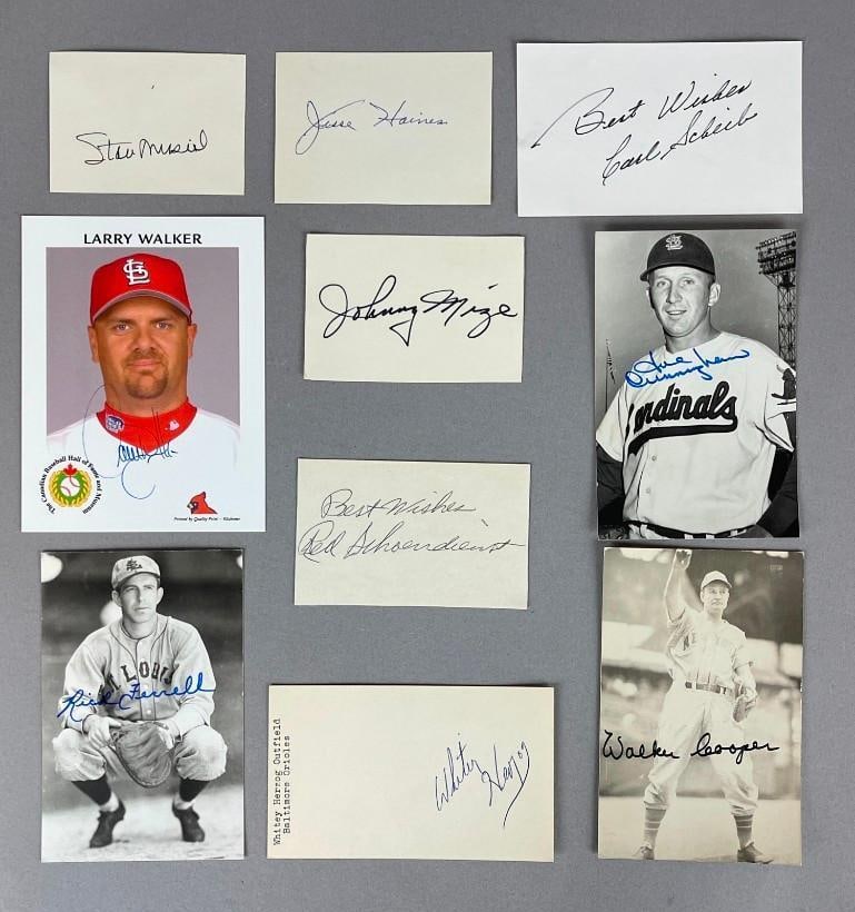 10 - St. Louis Cardinals HOFs and Stars Signed Photos and Cuts with Musial: Autographs Include Stan Musial, Larry Walker, Jesse Haines, Johnny Mize, Red Schoendienst, Whitey, Herzog, Carl Scheib, Joe Cunningham, Walker Cooper, and Rick Ferrell